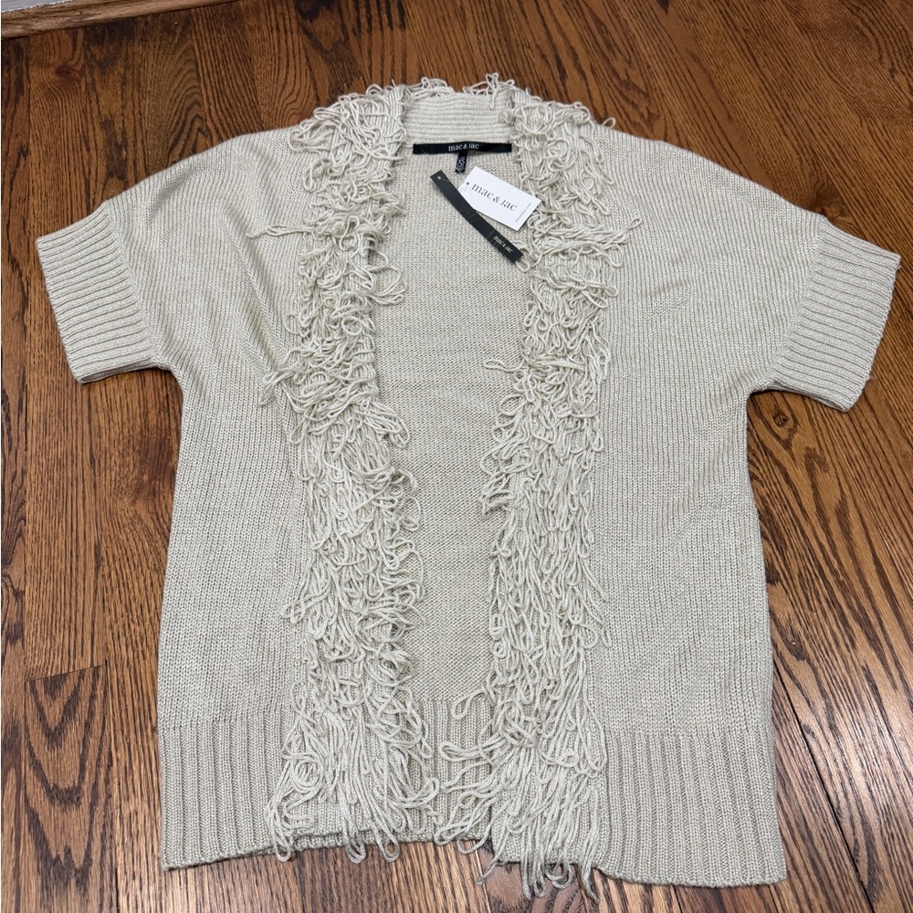 mac & jac Women's Knit Fringe Cardigan Sweater Beige XS Short Sleeve Open Front